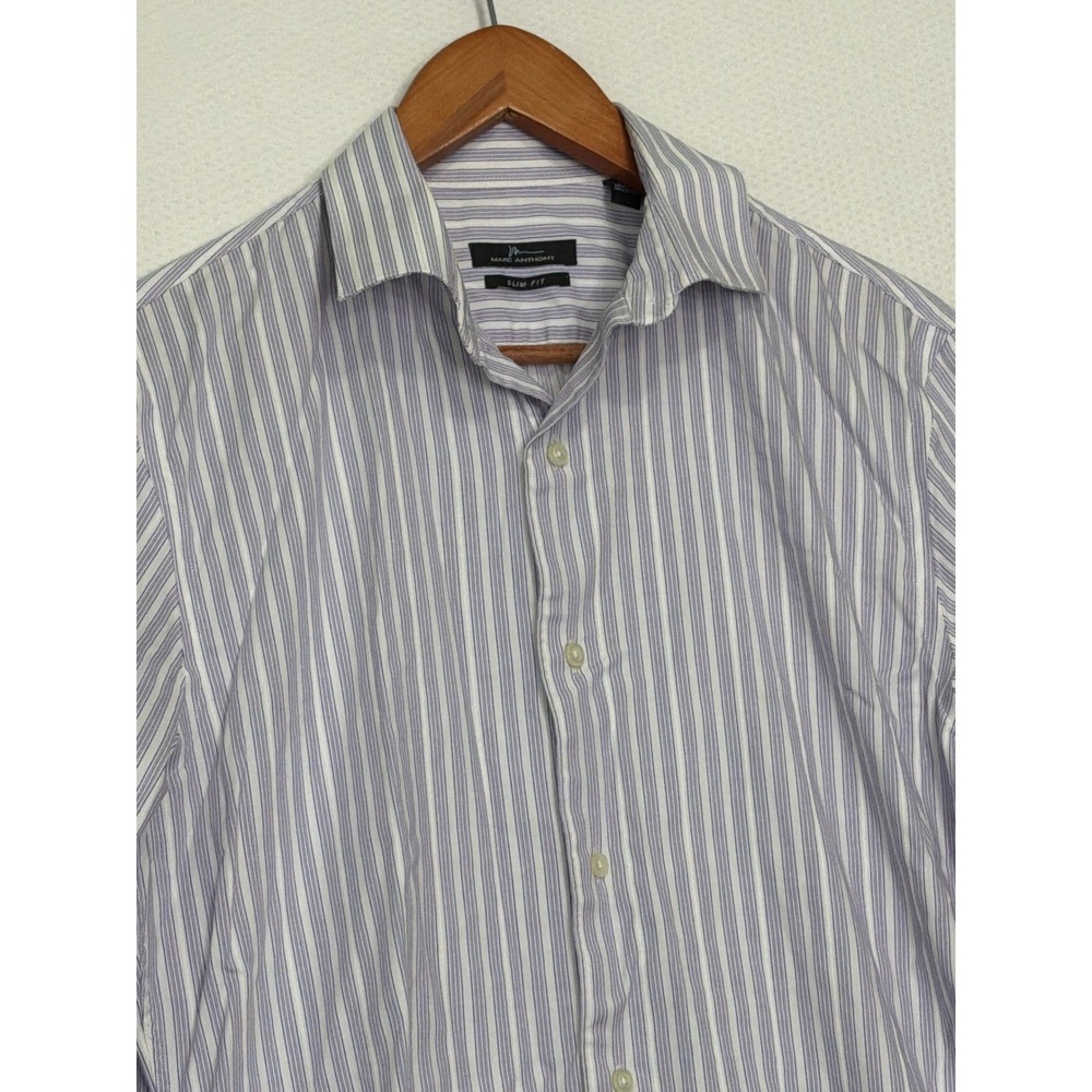 Marc‎ Anthony Slim Fit Striped Button Down Dress Shirt Blue Purple 15.5 32/33 - Picture 3 of 11